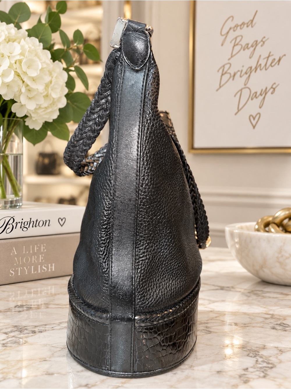 Brighton Large Black Leather Bucket Bag Croc Trim Braided Strap | Vintage | EUC - Picture 4 of 10